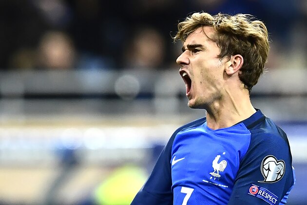 France's forward Antoine Griezmann celebrates after he scored his team's third goal during the FIFA World Cup 2018 qualifying football match France vs Bulgaria on October 7, 2016  at the Stade de France stadium in Saint-Denis, north of Paris.   / AFP / MIGUEL MEDINA        (Photo credit should read MIGUEL MEDINA/AFP/Getty Images)
