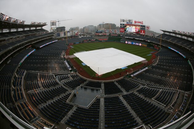 WASHINGTON, DC - OCTOBER 8: The tarp covers the infield prior to game two of the National League Division Series between the Los Angeles Dodgers and the Washington Nationals at Nationals Park on October 8, 2016 in Washington, DC. (Photo by Patrick Smith/Getty Images)
