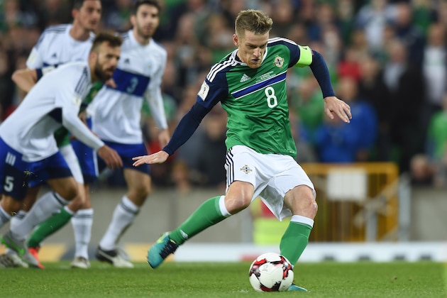 BELFAST, NORTHERN IRELAND - OCTOBER 08: Steve Davis of Northern Ireland scores a penalty during the FIFA 2018 World Cup Qualifier between Northern Ireland and San Marino at Windsor Park on October 8, 2016 in Belfast, Northern Ireland. (Photo by Charles McQuillan/Getty Images)