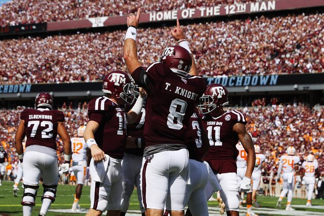 COLLEGE STATION, TX - OCTOBER 08:  Trevor Knight #8 of the Texas A&M Aggies celebrates with his teammates after throwing a touchdown pass in the first half of their game against the Tennessee Volunteers at Kyle Field on October 8, 2016 in College Station, Texas.  (Photo by Scott Halleran/Getty Images)