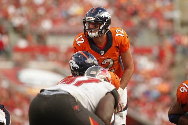 TAMPA, FL - OCTOBER 2:  Quarterback Paxton Lynch #12 of the Denver Broncos controls the offense during the fourth quarter of an NFL game against the Tampa Bay Buccaneers on October 2, 2016 at Raymond James Stadium in Tampa, Florida. (Photo by Brian Blanco/Getty Images)