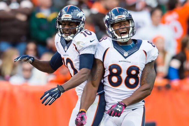 CLEVELAND, OH - OCTOBER 18: Wide receiver Emmanuel Sanders #10 celebrates with wide receiver Demaryius Thomas #88 of the Denver Broncos after Sanders scored during the second half against the Cleveland Browns at FirstEnergy Stadium on October 18, 2015 in Cleveland, Ohio. The Broncos defeated the Browns 26-23 in overtime. (Photo by Jason Miller/Getty Images)