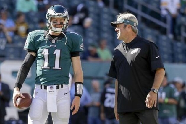 Philadelphia Eagles quarterback Carson Wentz (11), left, listens to head coach Doug Pederson, right, prior to the NFL football game against the Pittsburgh Steelers, Sunday, Sept. 25, 2016, in Philadelphia. The Eagles won 34-3. (AP Photo/Chris Szagola)