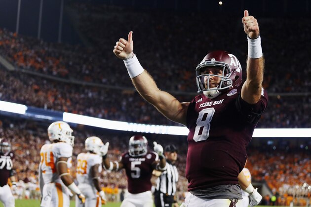 COLLEGE STATION, TX - OCTOBER 08:  Trevor Knight #8 of the Texas A&M Aggies celebrates after scoring a touchdown in the second overtime of their game against the Tennessee Volunteers at Kyle Field on October 8, 2016 in College Station, Texas.  (Photo by Scott Halleran/Getty Images)