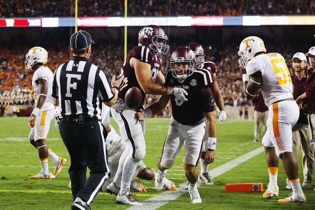 COLLEGE STATION, TX - OCTOBER 08:  Trevor Knight #8 of the Texas A&M Aggies scores a touchdown in the second overtime of their game against the Tennessee Volunteers at Kyle Field on October 8, 2016 in College Station, Texas.  (Photo by Scott Halleran/Getty Images)