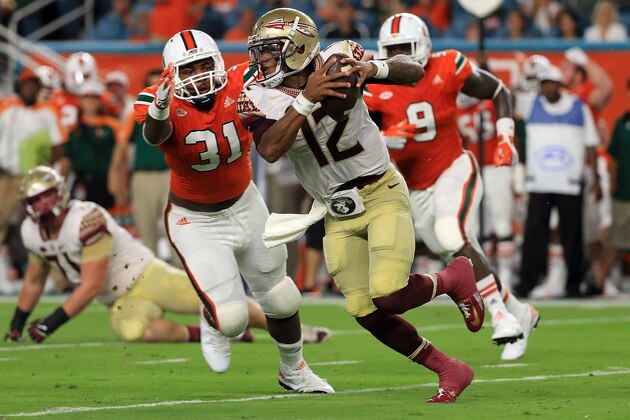 MIAMI GARDENS, FL - OCTOBER 08:  Deondre Francois #12 of the Florida State Seminoles looks to pass during a game  against the Miami Hurricanes at Hard Rock Stadium on October 8, 2016 in Miami Gardens, Florida.  (Photo by Mike Ehrmann/Getty Images)