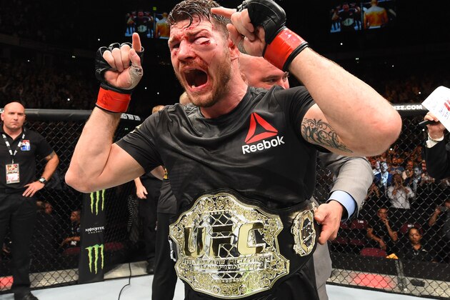 MANCHESTER, ENGLAND - OCTOBER 08:  Michael Bisping of England celebrates his victory over Dan Henderson in their UFC middleweight championship bout during the UFC 204 Fight Night at the Manchester Evening News Arena on October 8, 2016 in Manchester, England. (Photo by Josh Hedges/Zuffa LLC/Zuffa LLC via Getty Images)