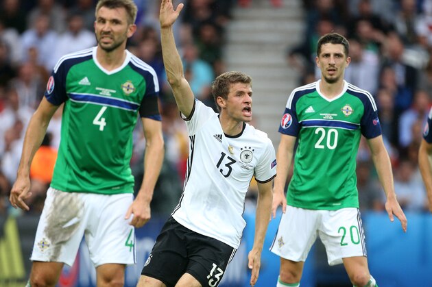 PARIS, FRANCE - JUNE 21: Thomas Mueller of Germany reacts during the UEFA EURO 2016 Group C match between Northern Ireland and Germany at Parc des Princes on June 21, 2016 in Paris, France. (Photo by Jean Catuffe/Getty Images)