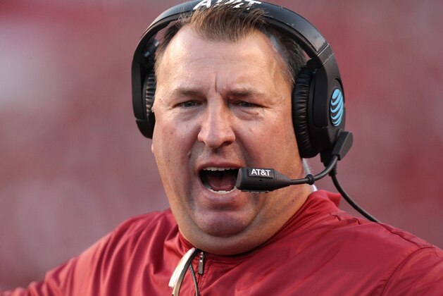 Oct 8, 2016; Fayetteville, AR, USA; Arkansas Razorbacks head coach Bret Bielema reacts a call during the first quarter against the Alabama Crimson Tide at Donald W. Reynolds Razorback Stadium. Mandatory Credit: Nelson Chenault-USA TODAY Sports