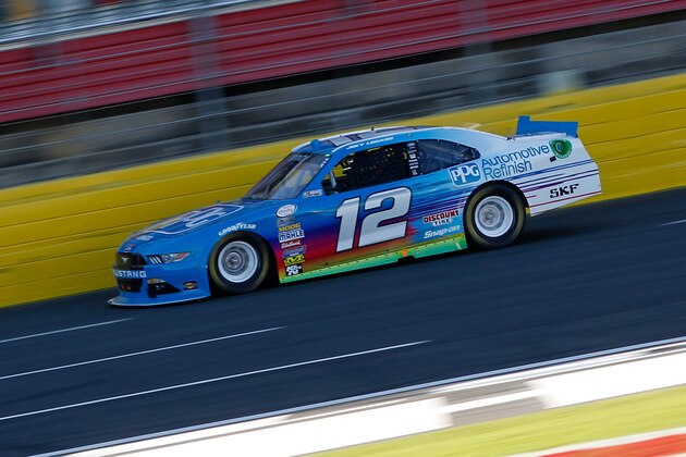 CHARLOTTE, NC - OCTOBER 09:  Joey Logano, driver of the #12 PPG Ford, drives during the NNASCAR XFINITY Series Drive For The Cure 300 Presented by Blue Cross Blue Shield of North Carolina at Charlotte Motor Speedway on October 9, 2016 in Charlotte, North Carolina.  (Photo by Brian Lawdermilk/Getty Images)