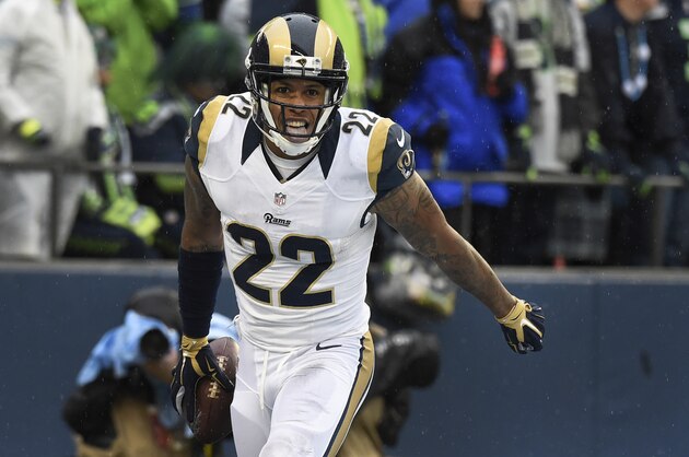 SEATTLE, WA - DECEMBER 27: Cornerback Trumaine Johnson #22 of the St. Louis Rams celebrates after intercepting a pass during the second quarter of the game against the Seattle Seahawks at CenturyLink Field on December 27, 2015 in Seattle, Washington. (Photo by Steve Dykes/Getty Images)