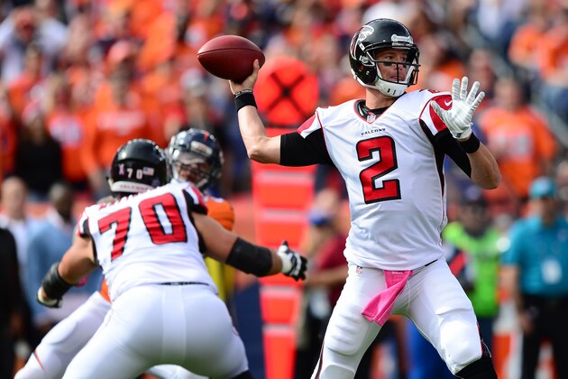 DENVER, CO - OCTOBER 9:  Quarterback Matt Ryan #2 of the Atlanta Falcons throws in the game against the Denver Broncos at Sports Authority Field at Mile High on October 9, 2016 in Denver, Colorado. (Photo by Dustin Bradford/Getty Images)