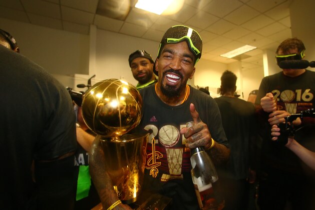 OAKLAND, CA - JUNE 19:  J.R. Smith #5 of the Cleveland Cavaliers celebrates after winning Game Seven of the 2016 NBA Finals against the Golden State Warriors on June 19, 2016 at Oracle Arena in Oakland, California. NOTE TO USER: User expressly acknowledges and agrees that, by downloading and or using this photograph, user is consenting to the terms and conditions of Getty Images License Agreement. Mandatory Copyright Notice: Copyright 2016 NBAE (Photo by Nathaniel S. Butler/NBAE via Getty Images)