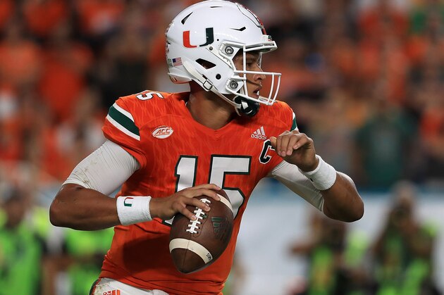 MIAMI GARDENS, FL - OCTOBER 08:  Brad Kaaya #15 of the Miami Hurricanes passes during a game against the Florida State Seminoles at Hard Rock Stadium on October 8, 2016 in Miami Gardens, Florida.  (Photo by Mike Ehrmann/Getty Images)