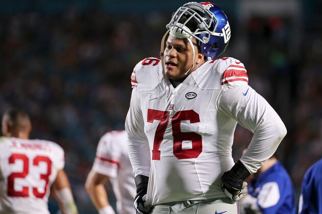 MIAMI GARDENS, FL - DECEMBER 14: Ereck Flowers #76 of the New York Giants looks on during the second half of the game against the Miami Dolphins at Sun Life Stadium on December 14, 2015 in Miami Gardens, Florida.  (Photo by Mike Ehrmann/Getty Images)