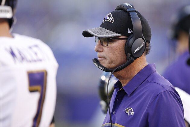BALTIMORE, MD - AUGUST 11: Offensive coordinator Marc Trestman of the Baltimore Ravens looks on during a preseason NFL game against the Carolina Panthers at M&T Bank Stadium on August 11, 2016 in Baltimore, Maryland. The Ravens defeated the Panthers 22-19. (Photo by Joe Robbins/Getty Images)