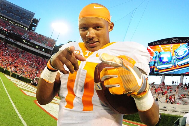 ATHENS, GA - OCTOBER 1: Joshua Dobbs #11 of the Tennessee Volunteers celebrates after the game against the Georgia Bulldogs at Sanford Stadium on October 1, 2016 in Athens, Georgia. (Photo by Scott Cunningham/Getty Images)