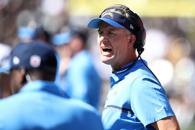 OAKLAND, CA - OCTOBER 09:  Head coach Mike McCoy of the San Diego Chargers reacts to a play against the Oakland Raiders during their NFL game at Oakland-Alameda County Coliseum on October 9, 2016 in Oakland, California.  (Photo by Ezra Shaw/Getty Images)