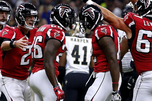 NEW ORLEANS, LA - SEPTEMBER 26: Tevin Coleman #26 of the Atlanta Falcons celebrates his touchdown during the first half of a game against the New Orleans Saints at the Mercedes-Benz Superdome on September 26, 2016 in New Orleans, Louisiana.  (Photo by Jonathan Bachman/Getty Images)