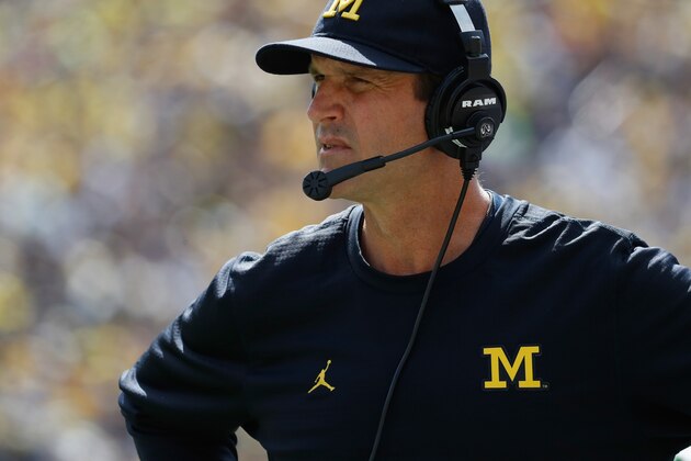 ANN ARBOR, MI - SEPTEMBER 03: Head coach Jim Harbaugh of the Michigan Wolverines looks on while playing the Hawaii Warriors on September 3, 2016 at Michigan Stadium in Ann Arbor, Michigan. (Photo by Gregory Shamus/Getty Images)