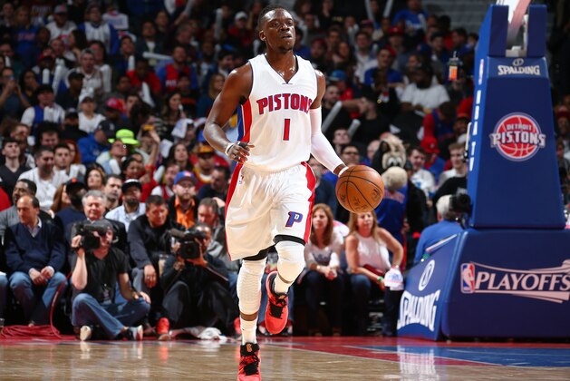 AUBURN HILLS, MI  - APRIL 22: Reggie Jackson #1 of the Detroit Pistons defends the ball against the Cleveland Cavaliers during Game Three of the Eastern Conference Quarterfinals during the 2016 NBA Playoffs on April 22, 2016 at The Palace of Auburn Hills in Auburn Hills, Michigan. NOTE TO USER: User expressly acknowledges and agrees that, by downloading and or using this Photograph, user is consenting to the terms and conditions of the Getty Images License Agreement. Mandatory Copyright Notice: Copyright 2016 NBAE (Photo by Nathaniel S. Butler/NBAE via Getty Images)