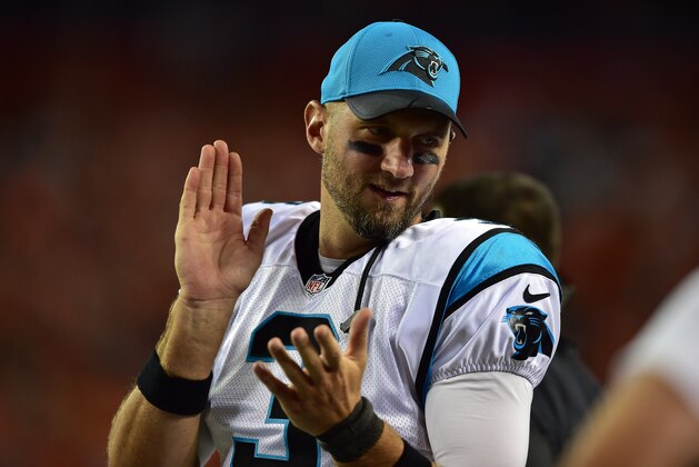 DENVER, CO - SEPTEMBER 8:  Quarterback Derek Anderson #3 of the Carolina Panthers looks on from the sideline during a game against the Denver Broncos at Sports Authority Field at Mile High on September 8, 2016 in Denver, Colorado. (Photo by Dustin Bradford/Getty Images)