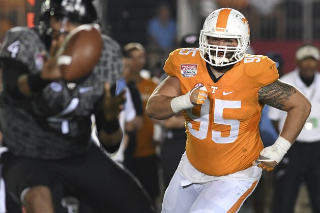 BRISTOL, TN - SEPTEMBER 10: Defensive lineman Danny O'Brien #95 of the Tennessee Volunteers pursues against the Virginia Tech Hokies in the second half at Bristol Motor Speedway on September 10, 2016 in Bristol, Tennessee. Tennessee defeated Virginia Tech 45-24. (Photo by Michael Shroyer/Getty Images) BRISTOL, TN - SEPTEMBER 10: Defensive lineman Danny O'Brien #95 of the Tennessee Volunteers pursues against the Virginia Tech Hokies in the second half at Bristol Motor Speedway on September 10, 2016 in Bristol, Tennessee. Tennessee defeated Virginia Tech 45-24. (Photo by Michael Shroyer/Getty Images)