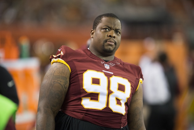 CLEVELAND, OH - AUGUST 13: Defensive tackle Terrance Knighton #98 of the Washington Redskins reacts after a play during the second half against the Cleveland Browns at FirstEnergy Stadium on August 13, 2015 in Cleveland, Ohio. The Redskins defeated the Browns 20-17. (Photo by Jason Miller/Getty Images)
