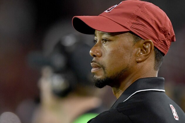 PALO ALTO, CA - OCTOBER 08:  Golfer Tiger Woods looks on from the sidelines during an NCAA football game between the Washington State Cougars and Stanford Cardinal at Stanford Stadium on October 8, 2016 in Palo Alto, California.  (Photo by Thearon W. Henderson/Getty Images)