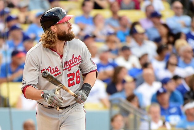 LOS ANGELES, CA - OCTOBER 10:  Jayson Werth #28 of the Washington Nationals hits a solo home run in the ninth inning against the Los Angeles Dodgers in game three of the National League Division Series at Dodger Stadium on October 10, 2016 in Los Angeles, California.  (Photo by Harry How/Getty Images)