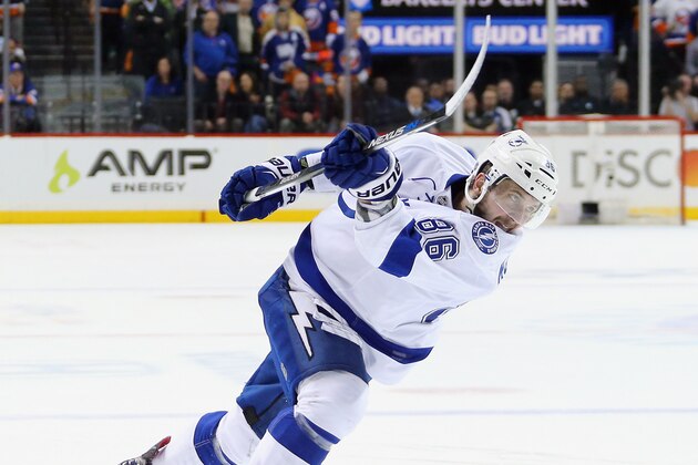 NEW YORK, NY - MAY 03:  Nikita Kucherov #86 of the Tampa Bay Lightning skates against the New York Islanders in Game Three of the Eastern Conference Second Round during the 2016 NHL Stanley Cup Playoffs at the Barclays Center on May 03, 2016 in the Brooklyn borough of New York City. The Lightning defeated the Islanders 5-4 in overtime.  (Photo by Bruce Bennett/Getty Images)