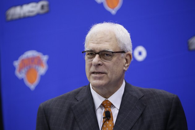 GREENBURG, NY June 3: The New York Knicks Phil Jackson introduces Jeff Hornacek as their new head coach during a press conference at the Knicks Practice Center on June 3, 2016 in Greenburg, New York. NOTE TO USER: User expressly acknowledges and agrees that, by downloading and/or using this photograph, user is consenting to the terms and conditions of the Getty Images License Agreement.  Mandatory Copyright Notice: Copyright 2016 NBAE (Photo by Steven Freeman/NBAE via Getty Images)