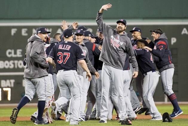 BOSTON, MA - OCTOBER 10: Members of the Cleveland Indians celebrate after a 4-3 win and series sweep against the Boston Red Sox  in game three of the American League Division Series on October 10, 2016  at Fenway Park in Boston, Massachusetts. (Photo by Michael Ivins/Boston Red Sox/Getty Images)