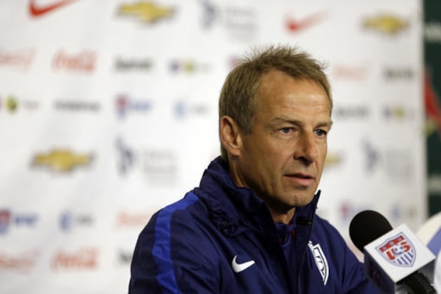FILE - This Nov. 12, 2015 file photo shows U.S. men's national soccer team coach Jurgen Klinsmann taking part in a news conference in St. Louis. Klinsmann rejects Bob Bradley's claims that he angled to success him as U.S. coach while working as an ESPN analyst during the 2010 World Cup. Bradley made the claim when he was introduced as Swansea, the first American head coach in England's Premier League. (AP Photo/Jeff Roberson, file)