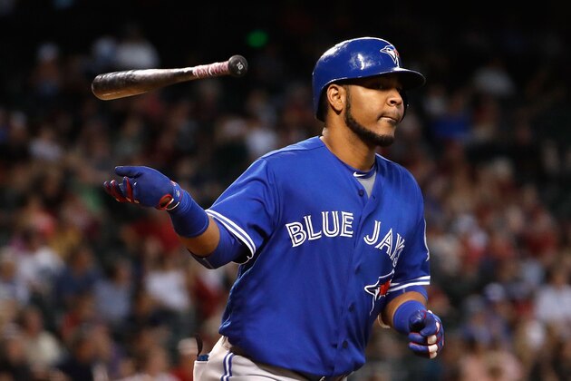 PHOENIX, AZ - JULY 20:  Edwin Encarnacion #10 of the Toronto Blue Jays flips his bat after hitting a two run home run against the Arizona Diamondbacks during the eighth inning of the interleague MLB game at Chase Field on August 20, 2016 in Phoenix, Arizona.  (Photo by Christian Petersen/Getty Images)