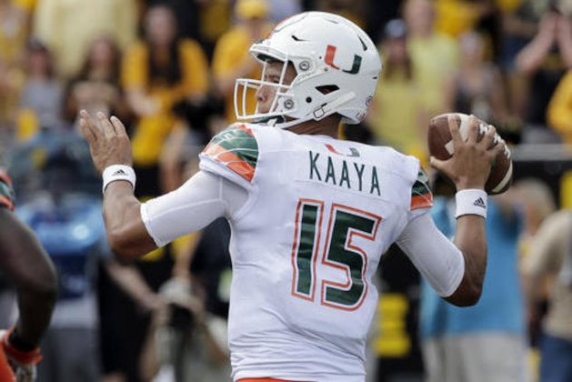 Miami's Brad Kaaya (15) looks to pass against Appalachian State during the second half of an NCAA college football game in Boone, N.C., Saturday, Sept. 17, 2016. (AP Photo/Chuck Burton)