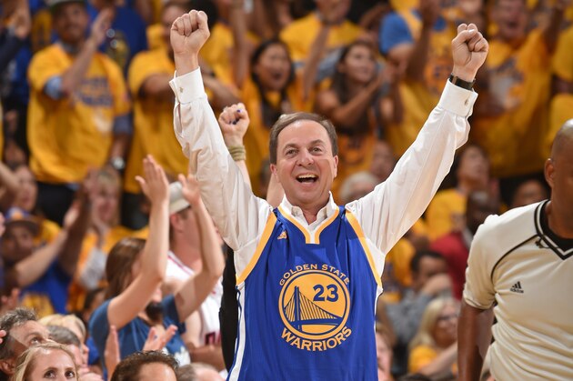 OAKLAND, CA - JUNE 13:  Golden State Warriors owner, Joe Lacob celebrates during Game Five of the 2016 NBA Finals against the Cleveland Cavaliers on June 13, 2016 at ORACLE Arena in Oakland, California. NOTE TO USER: User expressly acknowledges and agrees that, by downloading and/or using this Photograph, user is consenting to the terms and conditions of the Getty Images License Agreement. Mandatory Copyright Notice: Copyright 2016 NBAE (Photo by Andrew D. Bernstein/NBAE via Getty Images)