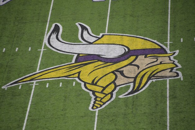 Sep 1, 2016; Minneapolis, MN, USA; General view of the Minnesota Vikings logo at midfield during a NFL game against the Los Angeles Rams at U.S. Bank Stadium. Mandatory Credit: Kirby Lee-USA TODAY Sports