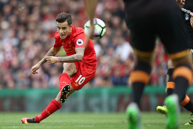 LIVERPOOL, ENGLAND - SEPTEMBER 24:  Philippe Coutinho of Liverpool scores their fourth goal during the Premier League match between Liverpool and Hull City at Anfield on September 24, 2016 in Liverpool, England.  (Photo by Julian Finney/Getty Images)