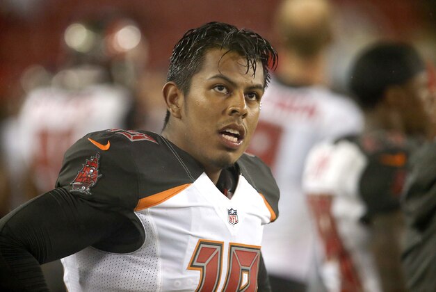 Aug 31, 2016; Tampa, FL, USA; Tampa Bay Buccaneers kicker Roberto Aguayo (19) watches the time clock during the second half of a football game against the Washington Redskins at Raymond James Stadium. The Redskins won 20-13. Mandatory Credit: Reinhold Matay-USA TODAY Sports