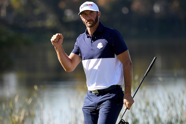 CHASKA, MN - OCTOBER 02:  Dustin Johnson of the United States reacts to a putt on the tenth green during singles matches of the 2016 Ryder Cup at Hazeltine National Golf Club on October 2, 2016 in Chaska, Minnesota.  (Photo by Ross Kinnaird/Getty Images)