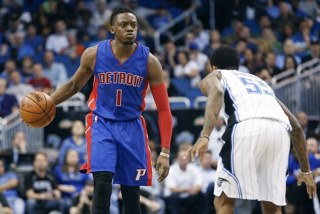 Apr 6, 2016; Orlando, FL, USA; Orlando Magic guard Brandon Jennings (55) guards against Detroit Pistons guard Reggie Jackson (1) during the second half of a basketball game at Amway Center. The Pistons won 108-104. Mandatory Credit: Reinhold Matay-USA TODAY Sports