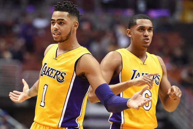 ANAHEIM, CA - OCTOBER 04:  D'Angelo Russell #1 and Jordan Clarkson #6 of the Los Angeles Lakers react to a Sacramento Kings foul during a preseason game at Honda Center on October 4, 2016 in Anaheim, California.  NOTE TO USER: User expressly acknowledges and agrees that, by downloading and or using this photograph, User is consenting to the terms and conditions of the Getty Images License Agreement.  (Photo by Harry How/Getty Images)