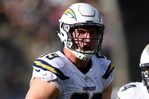 OAKLAND, CA - OCTOBER 09:  Joey Bosa #99 of the San Diego Chargers reacts after a sack of Derek Carr #4 of the Oakland Raiders during their NFL game at Oakland-Alameda County Coliseum on October 9, 2016 in Oakland, California.  (Photo by Thearon W. Henderson/Getty Images)