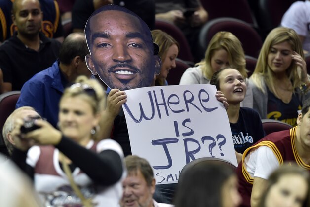 Oct 5, 2016; Cleveland, OH, USA; A fan holds a sign of J.R. Smith before the game between the Orlando Magic and the Cleveland Cavaliers at Quicken Loans Arena. Mandatory Credit: David Richard-USA TODAY Sports