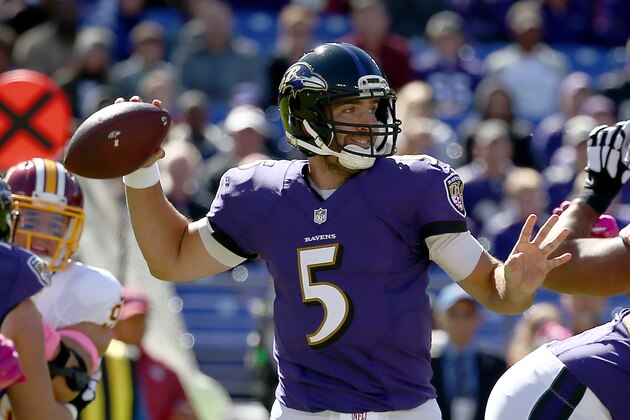 BALTIMORE, MD - OCTOBER 9: Quarterback Joe Flacco #5 of the Baltimore Ravens throws the ball in the first half against the Washington Redskins at M&T Bank Stadium on October 9, 2016 in Baltimore, Maryland. (Photo by Todd Olszewski/Getty Images)