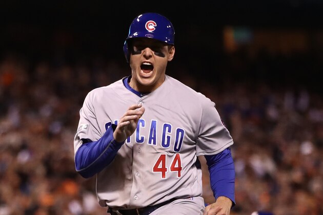 SAN FRANCISCO, CA - OCTOBER 11:  Anthony Rizzo #44 of the Chicago Cubs scores in the eighth inning on a single by Willson Contreras #40 in Game Four of their National League Division Series against the San Francisco Giants at AT&T Park on October 11, 2016 in San Francisco, California.  (Photo by Ezra Shaw/Getty Images)