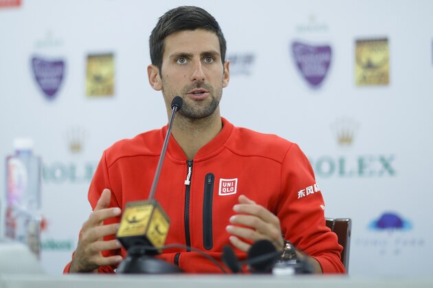 SHANGHAI, CHINA - OCTOBER 09:  Novak Djokovic of Serbia speaks during a press conference on day one of Shanghai Rolex Masters at Qi Zhong Tennis Centre on October 9, 2016 in Shanghai, China.  (Photo by Lintao Zhang/Getty Images)