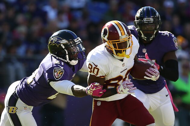 BALTIMORE, MD - OCTOBER 9: Wide receiver Jamison Crowder #80 of the Washington Redskins is tackled by free safety Lardarius Webb #21 of the Baltimore Ravens in the second half at M&T Bank Stadium on October 9, 2016 in Baltimore, Maryland. (Photo by Todd Olszewski/Getty Images)