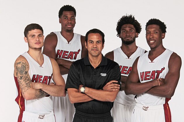MIAMI, FL - SEPTEMBER 26:  Tyler Johnson #8, Hassan Whiteside #21, Erik Spoelstra, Justise Winslow #20 and Josh Richardson #0 of the Miami Heat pose for a portrait during the 2016-2017 Miami Heat Media Day on September 26, 2016 at FedExForum in Memphis, Tennessee. NOTE TO USER: User expressly acknowledges and agrees that, by downloading and or using this photograph, User is consenting to the terms and conditions of the Getty Images License Agreement. Mandatory Copyright Notice: Copyright 2016 NBAE (Photo by Issac Baldizon/NBAE via Getty Images)